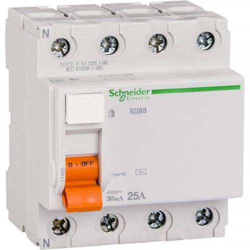Выключатель дифференциального тока УЗО Schneider Electric Домовой 4п 25А 30мА 4,5кА тип AC картинка